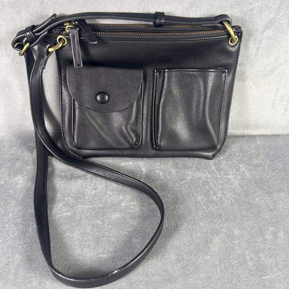 ANTHROPOLOGIE Vegan Black Leather Double Crossbody‎ Bag - Picture 1 of 16